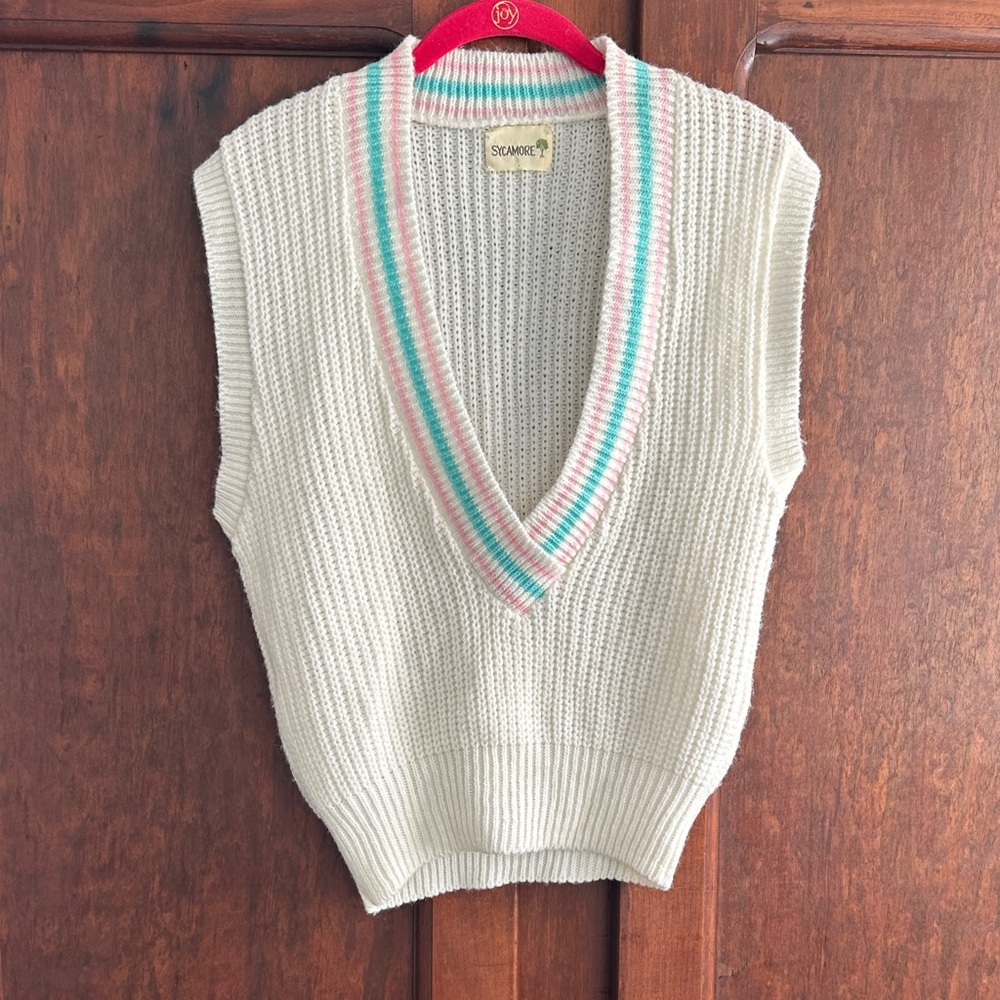 Women's Vintage Sycamore Cream Sweater Vest with Pink and Green Accents